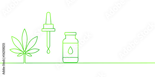 CBD oil concept. Cannabis leaf extract, cannabidiol oil bottle and pipette with a drop of serum in green color, thin line art. Vector illustration isolated on white background, banner with copy space.