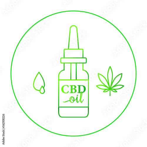 CBD oil concept with drops, glass bottle and cannabis leaf