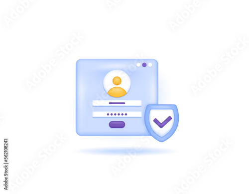 symbol of the login page and shield. concept of account protection and access security. security and protection of user data. usernames and passwords. 3d and realistic illustration concept design
