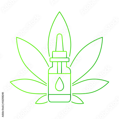 Cannabis plant extract and cbd oil concept. Alternative medicine, hemp leaf, bottle and pipette with a drop symbol on it.
