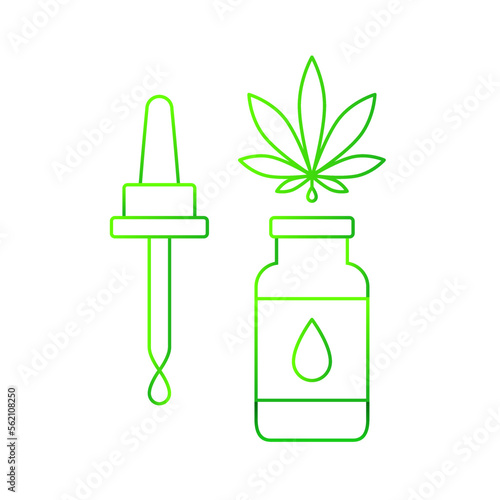 CBD oil concept with cannabis leaf, bottle, dropper and a drop of extract. Natural and medical cannabis plant substance, essential and organic cannabidiol oil drops. Alternative medicine concept.
