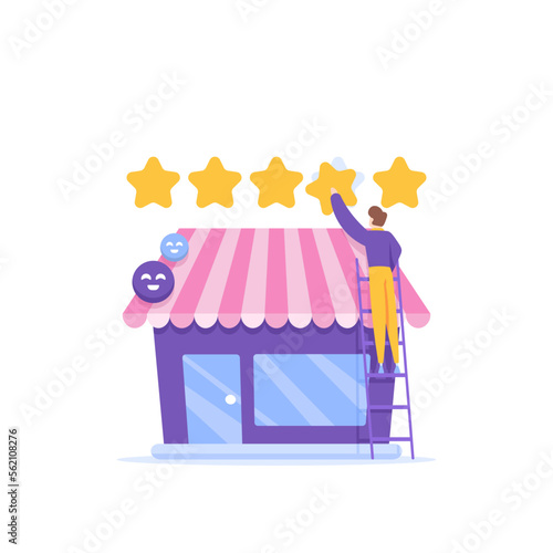 optimization and business review. improve good reputation and improve service. a businessman or customer gives a store 5 stars. SMEs or small and medium businesses and online shops. illustration