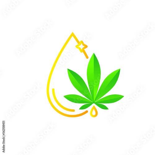 CBD oil drop and hemp leaf. Golden drops, cannabis plant extract and serum. Icon or logo concept. Vector illustration in shiny gold and beautiful green color, line art, isolated on white background.