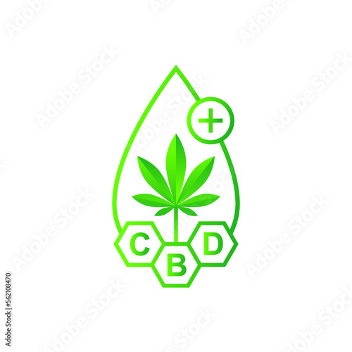CBD oil concept with cannabis plant, drop and chemical structure. Cannabidiol formula. Hemp leaf extract, serum, substance. Icon or logo symbol in gradient green color, vector illustration.