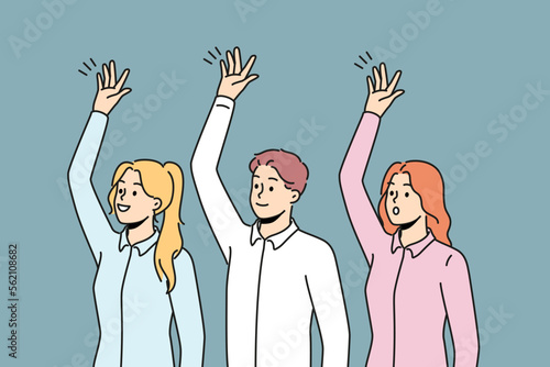 Happy businesspeople raise hands vote at workplace. Smiling employees engaged in teambuilding activity. Teamwork concept. Vector illustration. 