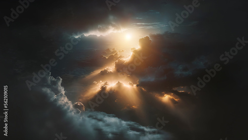 A beautiful flight above dark cloudscape with sun rays coming through the clouds, detailed picturesque view, camera flying to black sky with picturesque sunset clouds, illustration.