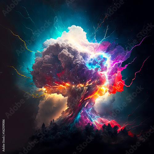 Landschaft mit farbiger Explosionswolke, ai generated