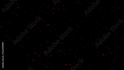 Red abstract particles float on black background. Festive backdrop. Copy space for congratulation text
