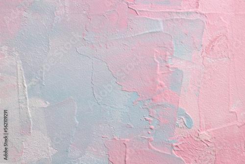Stucco oil and acrylic smear blot canvas painting wall. Abstract texture pastel pink, blue, beige color stain brushstroke texture background.