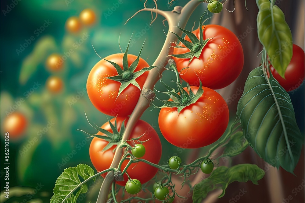 Red tomatoes on a branch of a bush in the garden. AI