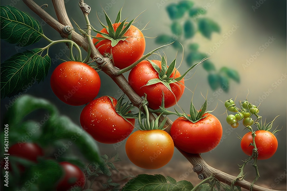 Red tomatoes on a branch of a bush in the garden. AI