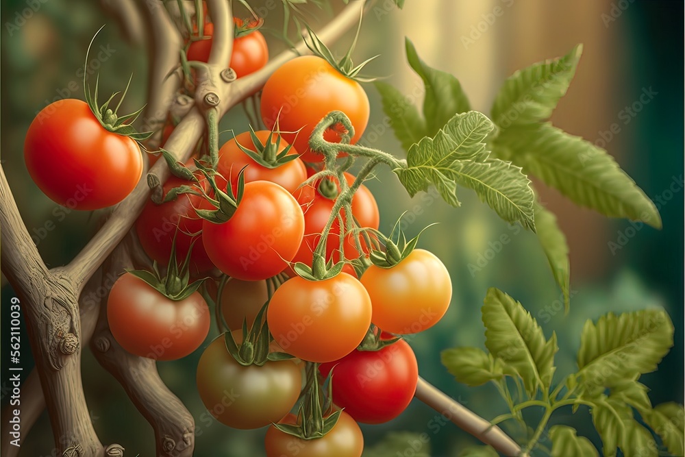 Red tomatoes on a branch of a bush in the garden. AI