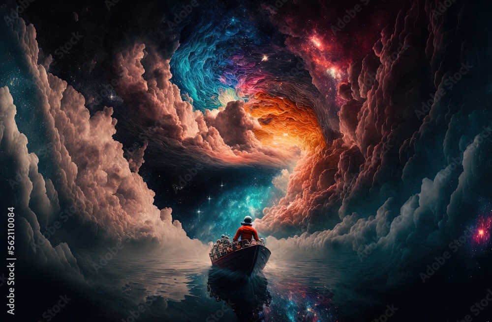 Obraz premium anime style illustration of a boy on boat looking up to the sky full of colorful cloud, idea for hope and dream them background wallpaper, Generative Ai