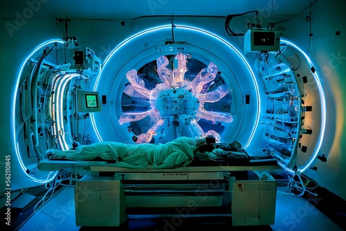 Proton therapy accelerator: Patient on table surrounded by large medical device emitting bright blue light, precise doses of proton therapy to target and destroy tumor, sterile medical room.