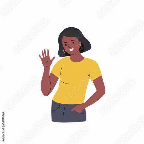 Young woman waives hand in hello gesture while smiling cheerfully and holding hand in pocket. Vector flat cartoon illustration