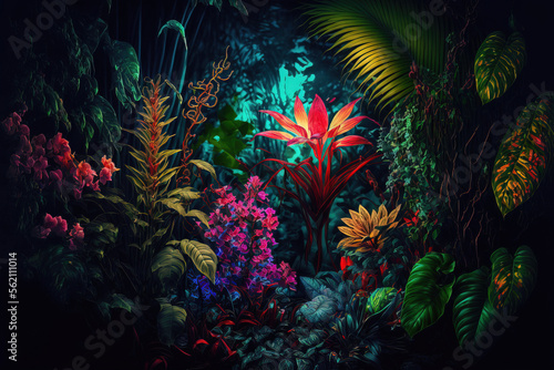 Tropical jungle landscape with fresh plants  leaves and flowers. Beautiful forest  Summer botanical garden on sunny day. Illustration. Generative AI.