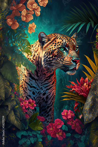 Tropical jungle landscape with leopard wild animal in fresh plants, leaves and flowers. Beautiful forest, Summer botanical garden on sunny day. Illustration. Generative AI. © Uncanny Valley