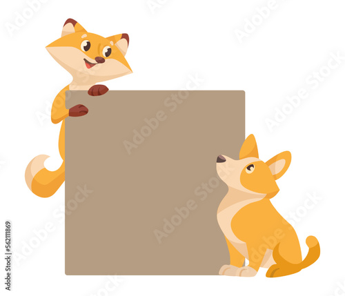 Cute comic fox and dog with beige banner vector illustration. Cartoon drawing of adorable fox and corgi characters with blank announcement on white background. Information, animals, promotion concept