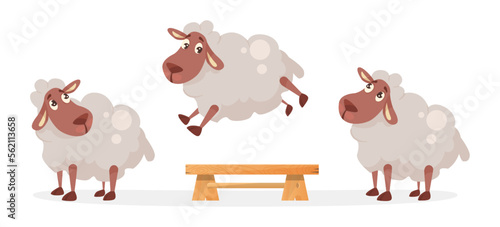 Cute comic sheep jumping over wooden bench vector illustration. Cartoon drawing of adorable farm animal character having fun together on white background. Farming, agriculture, livestock concept
