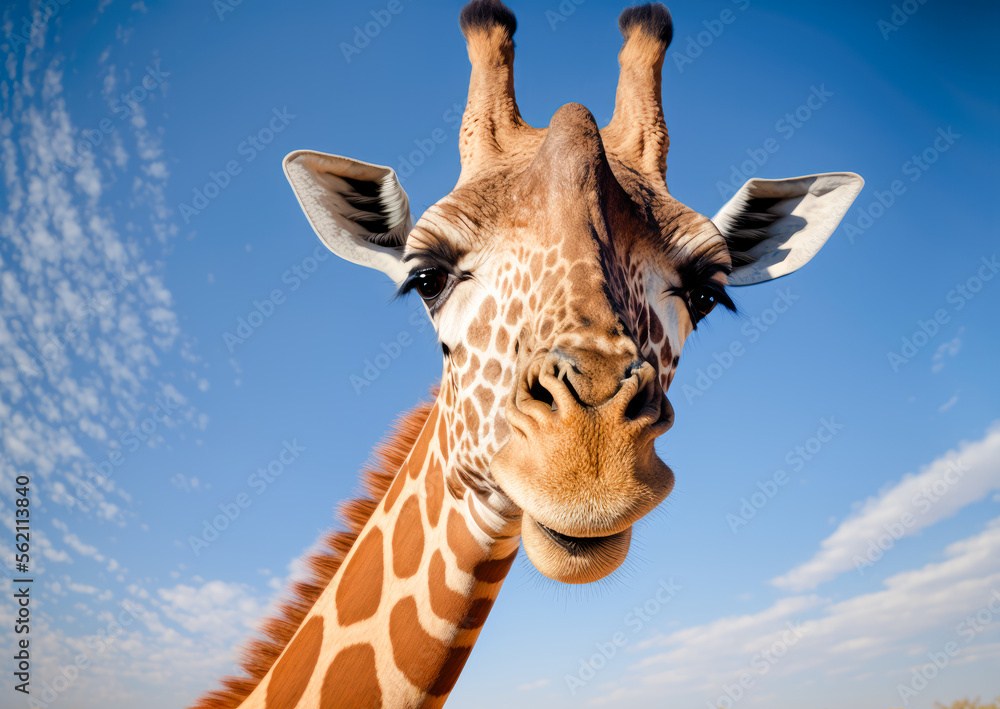 Naklejka premium Giraffe in zoo - Close up - Blue sky background - illustration - AI Generated
