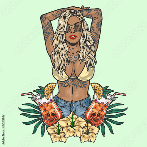 Tropical beach girl colorful sticker