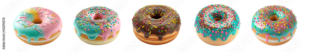 Five donuts glazed with sprinkles isolated on transparent background, PNG. AI generative - obrazy, fototapety, plakaty 