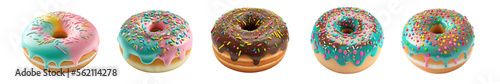 Fotografia Five donuts glazed with sprinkles isolated on transparent background, PNG