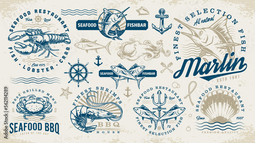 Seafood restaurant colorful set logotypes