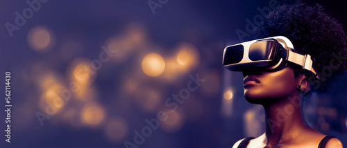 Print op canvas Realistic illustration of a Amazed young woman  interacting with virtual reality while wearing modern VR goggles with bokeh background