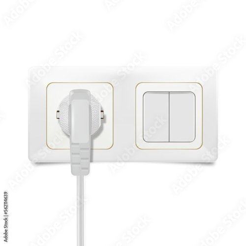 Vector realistic electric socket in white color with plug and switch.
