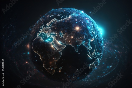 Digital dystopian globe, future, viewed from space, in the solar system, in the stars, view of the earth, our planet, ai, cyber, eco, climate, war created with generative ai technology