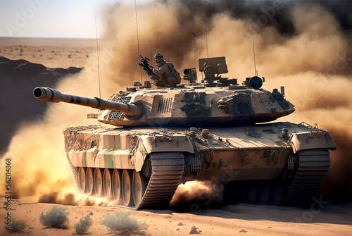 Desert combat with a battle tank that supports the army on the advance generative ai photo