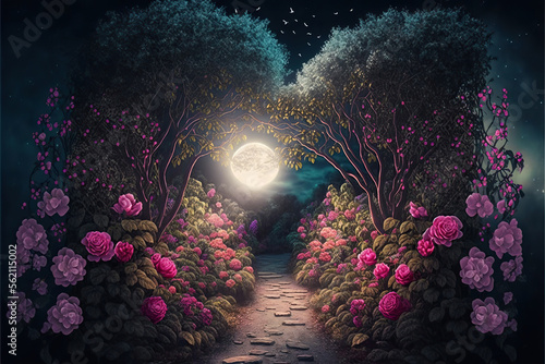 Fotografie, Obraz Mysterious path through a fantasy forest with roses in the night, Generative AI