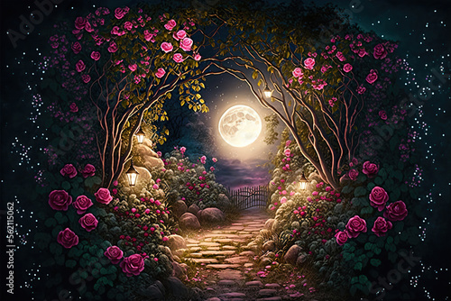 Fotografia A painting of a magical path through an arch of roses in the night, Generative A