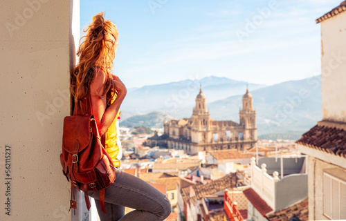 tourism at Jaen- woman looking at the cathedral, Andalusia in Spain