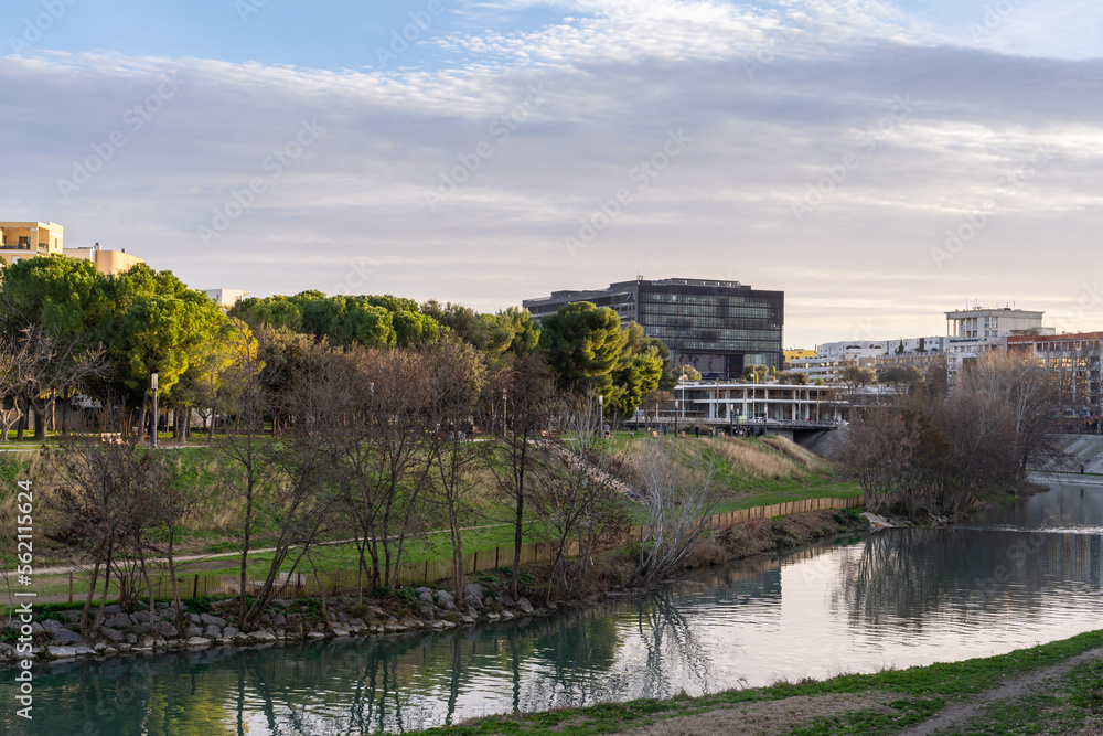 Landscape view on the Lez river with City Hall in background, Montpellier, France