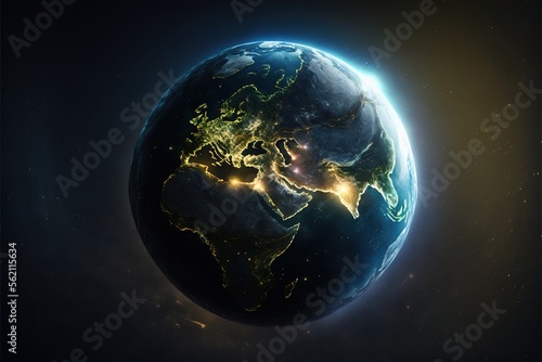 Digital dystopian globe, future, viewed from space, in the solar system, in the stars, view of the earth, our planet, ai, cyber, eco, climate, war created with generative ai technology