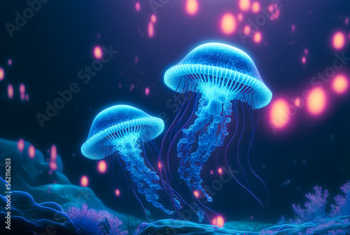 Glowing Jellyfish in the water - illustration - AI Generated