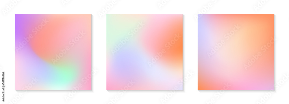 Vector set of mesh gradient backgrounds in soft pastel colors.California sunset mood.Abstract fluid illustrations in y2k aesthetic.Modern templates for banners,branding design,social media,covers.