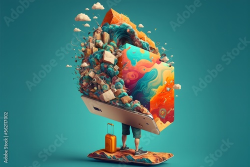 A human carries the weight of consumerism, over-consumption, and materialism.