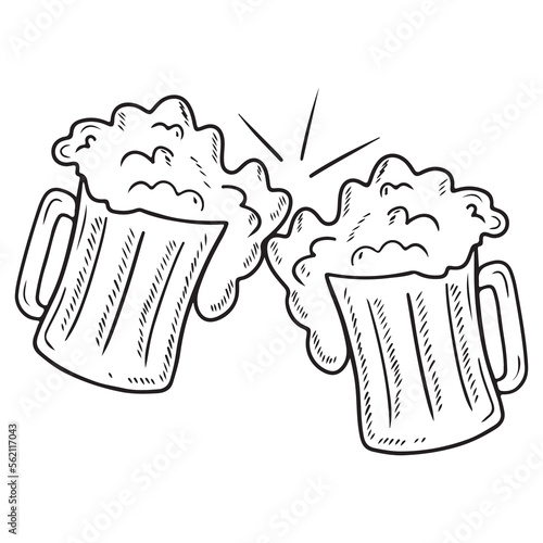 Two clink glasses with beer with foam cheers in black isolated on white background. Hand drawn vector sketch illustration in simple doodle vintage engraved style. Mug with beverage, bar.