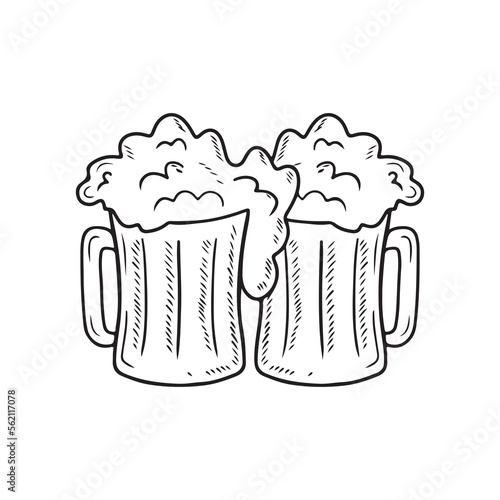 Two mugs with beer with foam cheers in black isolated on white background. Hand drawn vector sketch illustration in simple doodle vintage engraved style. Glass with beverage, bar, pub.