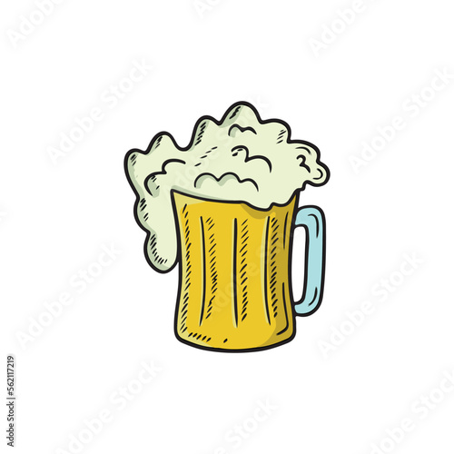 Glass mug with light beer and big foam in black isolated on white background. Hand drawn vector sketch illustration in doodle engraved vintage outline style. Alcohol, beverage, cider, celebration, bar