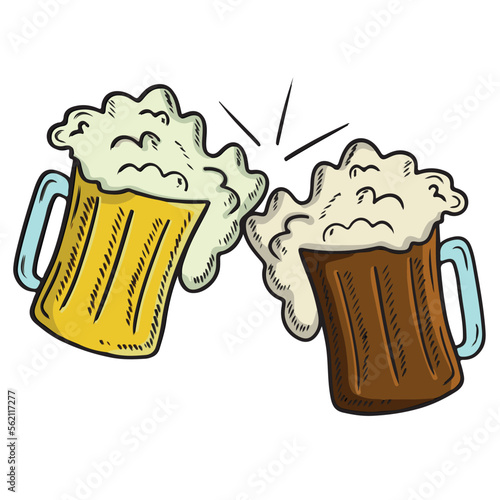 Two clink glasses with light and dark beer with foam cheers isolated on white background. Hand drawn vector sketch illustration in doodle vintage engraved style. Mug with beverage, bar.