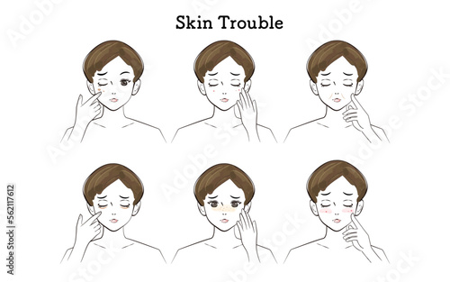 お肌のトラブルのイラストセット（ショートボブの女性）