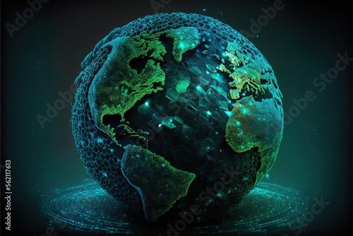 Digital dystopian globe, future, viewed from space, in the solar system, in the stars, view of the earth, our planet, ai, cyber, eco, climate, war created with generative ai technology photo