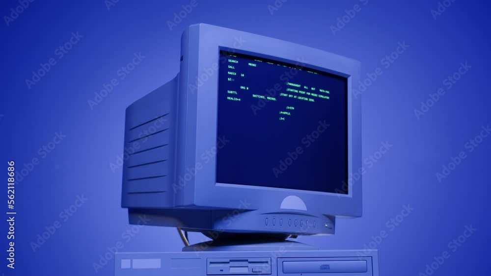 Retro pc with loading code console, programmer making scripts, green ...