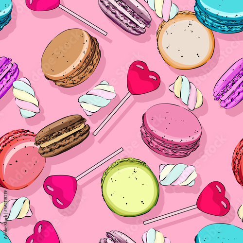 seamless vector pattern with macaron cookies. Sweets, snacks, cafe