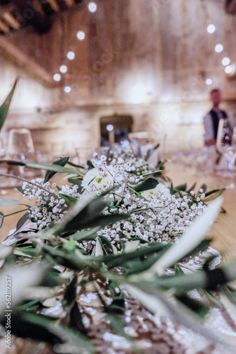 Floral decoration for the wedding table, selective focus