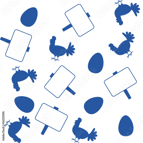 Paper pattern with blue chickens and eggs on white background